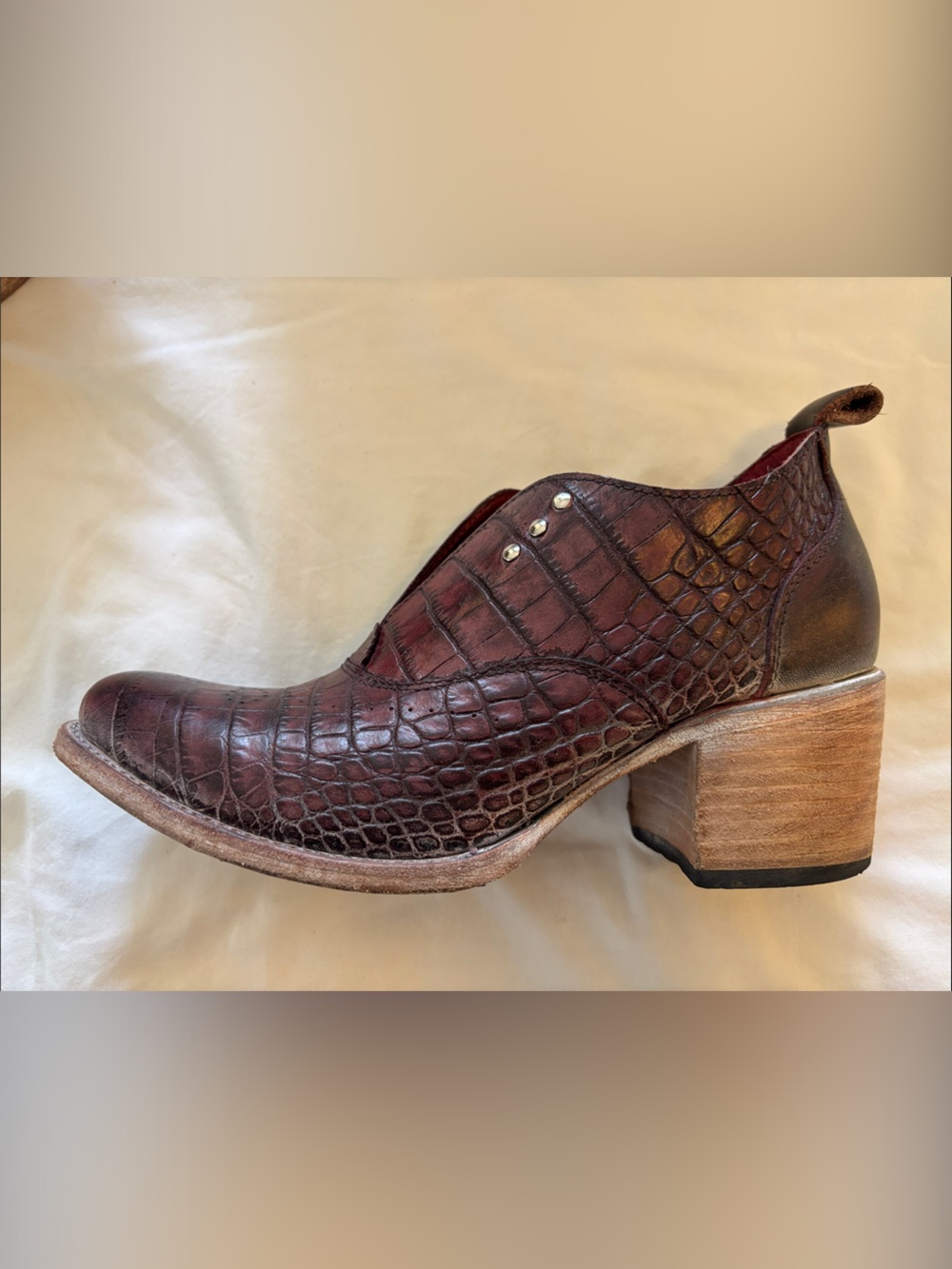 freebird Sadie Wine Croc-Embossed Leather Ankle Bootie with Wood Heel